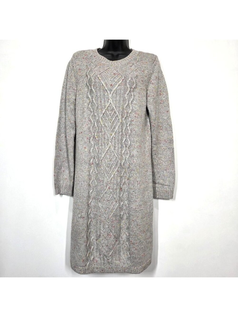 Talbots Dress Medium Gray Speckled Cable Knit Sweater Preppy Holiday Knee Length
